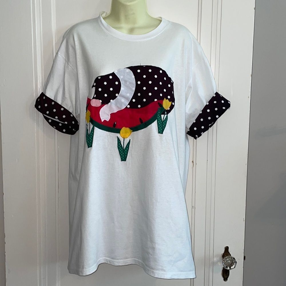 Vtg 80s white long T-shirt with black polka dot pig eating watermelon on front